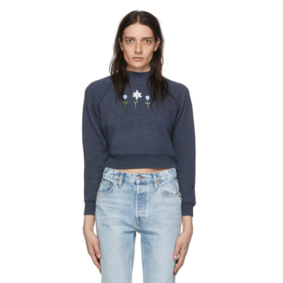 RE/DONE Women Shrunken Sweater Small Heather Navy Floral Embroidery Crewneck NWT - Picture 1 of 12
